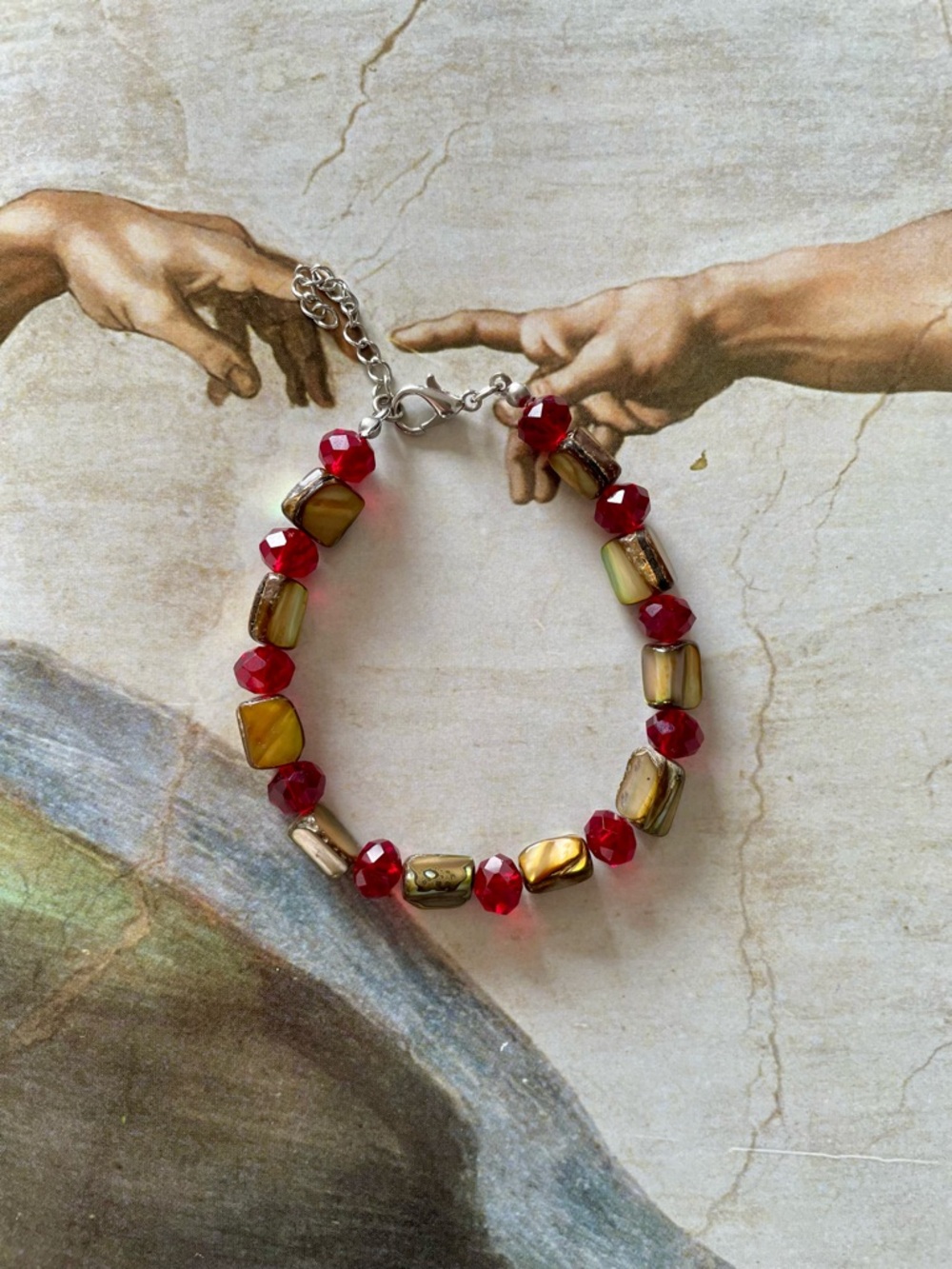 Red Crystals and Mother of Pearl Beaded Bracelet